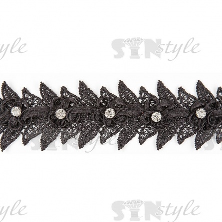 Кружево с отделкой,  россыпь цветочных бутонов со стразой в середине цветка и в обрамлении остроконечных листьев по всей длине изделия, ширина 45 мм, намотка 15 ярдов, цвет черный  фото 2
