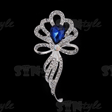 Брошь со стразами размер 30х60 мм, цвет никель+стразы белые+синие, застежка булавка фото 1