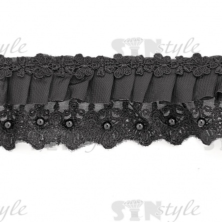 Сборка на кружеве из сетки, декорированная бусинами в цвет кружева, ширина 65 мм, цвет черный, намотка 10 ярдов фото 2
