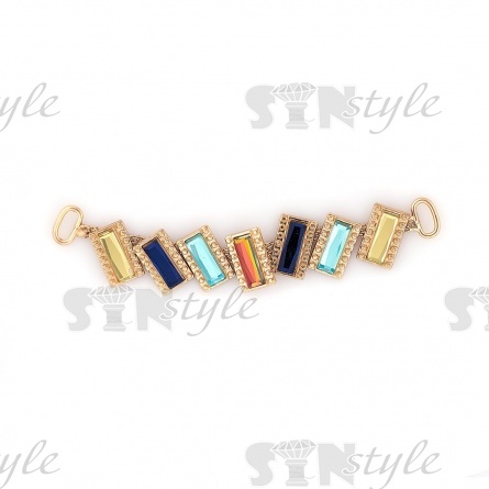 Декоративное украшение пришивное металлическое, цвет золото+цветные стразы, размер 123х20 мм фото 1