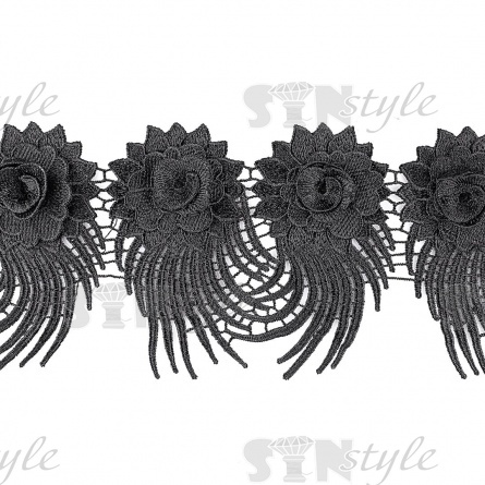 Кружево "Цветочное", красивая цветочная гирлянда из объемных цветов и длинным резным краем, ширина 130 мм, цвет черный, намотка 15 ярдов фото 2