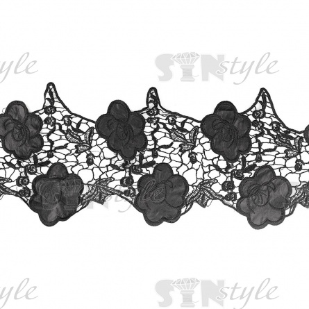 Кружево кожаное, на тонкой ажурной основе россыпь крупных цветов, ширина 105 мм, намотка 15 ярдов, цвет черный фото 1