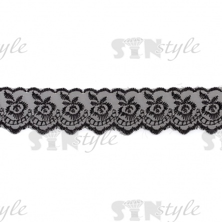 Кружево декоративное, нежная вышивка на тонкой капроновой основе, ширина 40 мм, цвет черный (39),  намотка 10 ярдов фото 2