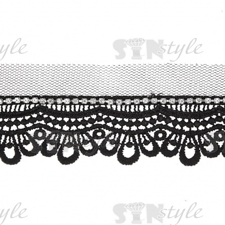 Кружево ажурное на сетке с отделкой стразами, ширина 40 мм, цвет черный, стразы белые, намотка 15 ярдов фото 2