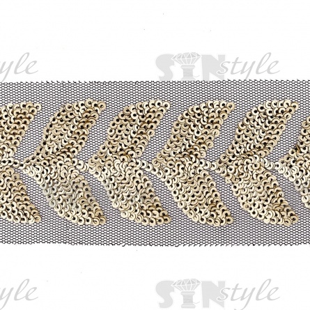 Тесьма отделочная на черной сетке, расшитая золотыми пайетками, ширина 50 мм, намотка 20 ярдов  фото 1