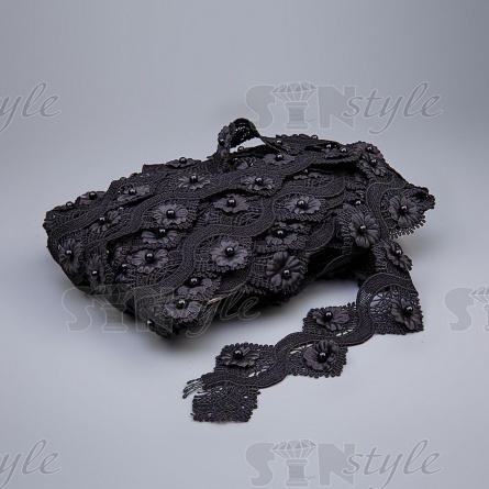 Кружево ажурное с отделкой, нежнейшее тонкое переплетение гирлянды с цветочными мотивами с бусиной в центре цветка в интересной зигзагообразной форме, ширина 45 мм, намотка 15 ярдов, цвет черный фото 2