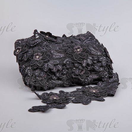 Кружево 3D на сетке с цветочным орнаментом, расшитое микробисером, пайетками и стразами, ширина 100 мм, цвет черный, намотка 10 ярдов фото 2