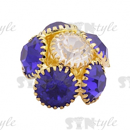 Пуговица металлическая на ножке, диаметр 15 мм, основа золотая, стразы ярко-синего и белого цвета фото 2