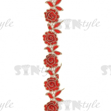 Нарядное кружево с объемными цветами, ширина 50 мм, цвет красный с золотым люрексом, намотка 15 ярдов фото 1