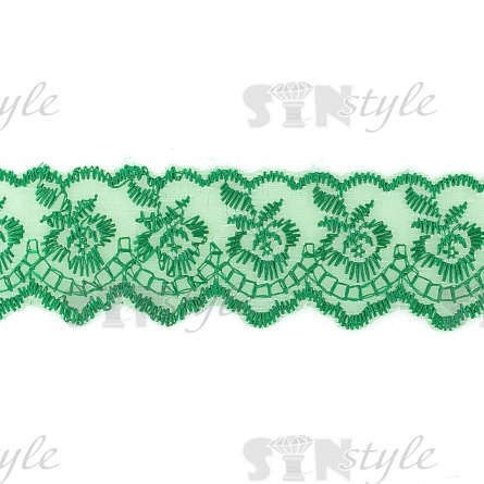 Кружево декоративное, нежная вышивка на тонкой капроновой основе, ширина 40 мм, цвет зеленый (19), намотка 10 ярдов фото 1