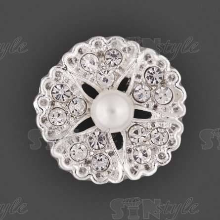 Пуговица металлическая на ножке, размер 32L, цвет серебряный+белые стразы и бусина фото 1