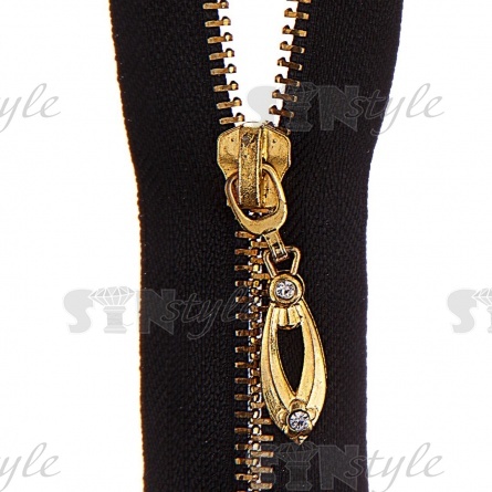 Молния металлическая, тип 5, разъемная, длина 80 см, цвет 322 (черный), звенья золотистые, бегунок золотистого цвета со стразами фото 2