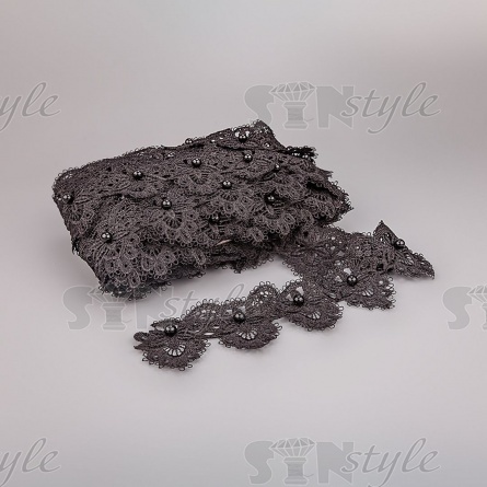 Кружево ажурное с бусинами, ширина 60 мм, намотка 15 ярдов, цвет черный  фото 3