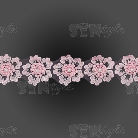 Цветочки из капроновой ленты, размер 55 мм, цвет розовый+белая бусина, намотка 20 ярдов, 17 шт/ярд фото 3