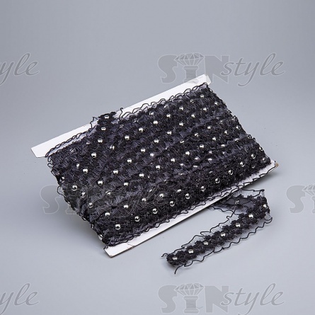 Декоративная тесьма-рюш, ширина 25 мм, цвет черный+клепки темный никель,  намотка 15 ярдов фото 2