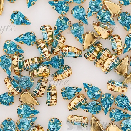 Стразы пришивные акриловые в цапах, форма капля, цвет золото+голубой, размер 6х10мм, 200 шт/уп. фото 3