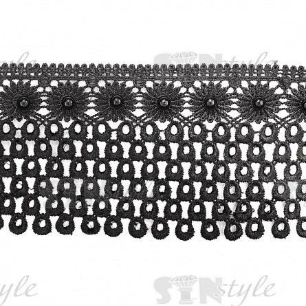 Кружево ажурное с отделкой, нежное переплетение гирлянды цветочных мотивов с бусиной в центре цветка и и капельками по нижнему краю, словно частый весенний дождик, ширина 95 мм, намотка 15 ярдов, цвет черный фото 2