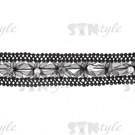 Ажурная отделочная тесьма, декорированная капроновой лентой, бусинами и стразами, ширина 28 мм, намотка 15 ярдов, цвет черный  фото 1